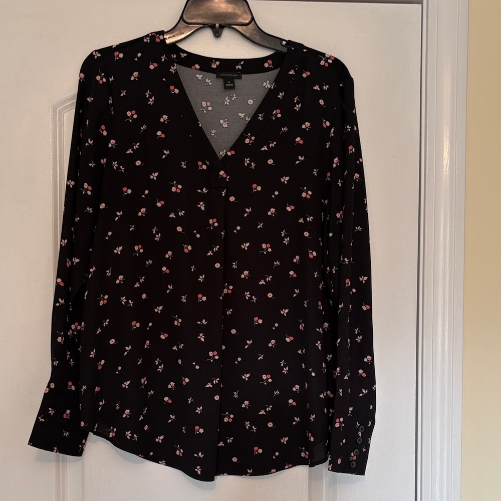 Ann Taylor Black Blouse with Pink Floral Pattern
